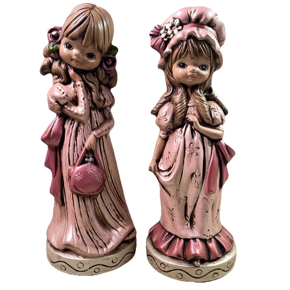 2 Vintage Holly Hobby Girl Statue Figurines-Ceramic Handpainted 12" Tall -Pink